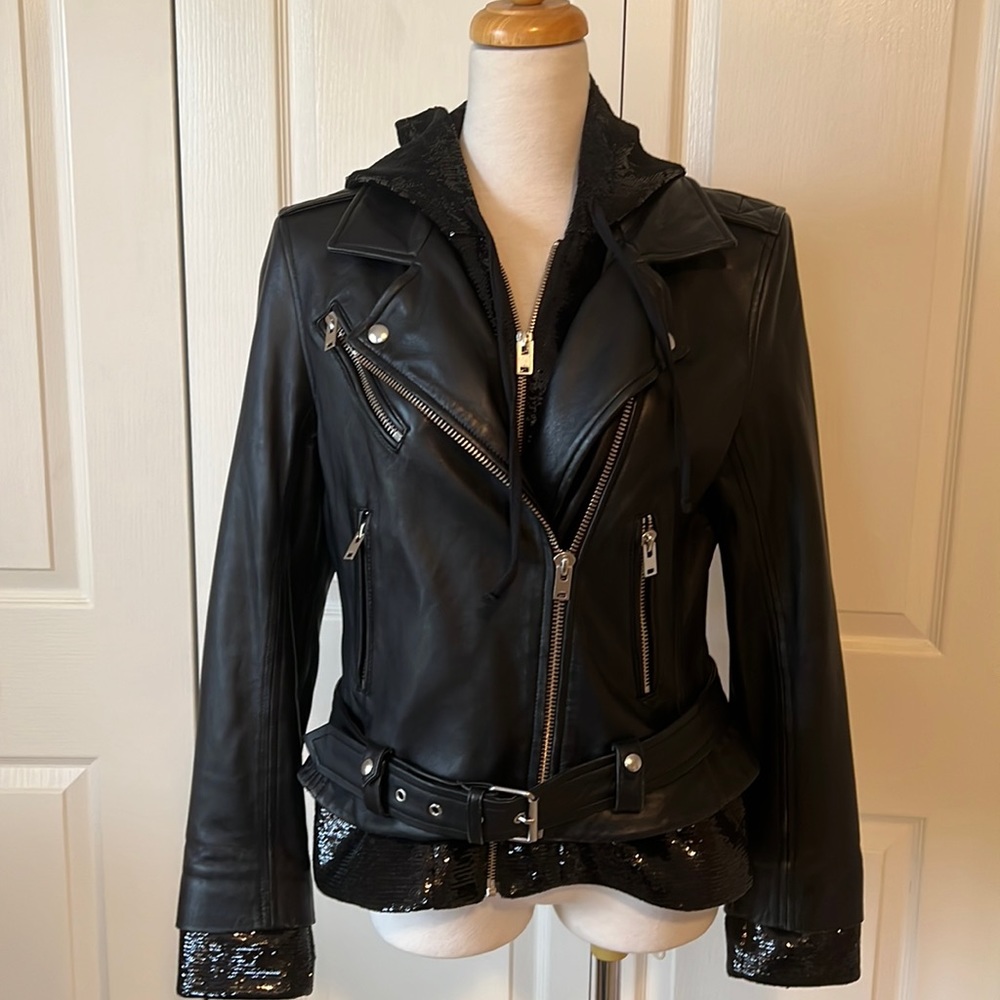 - IRO Women’s Riley Black leather jacket with sequin insert Size 42